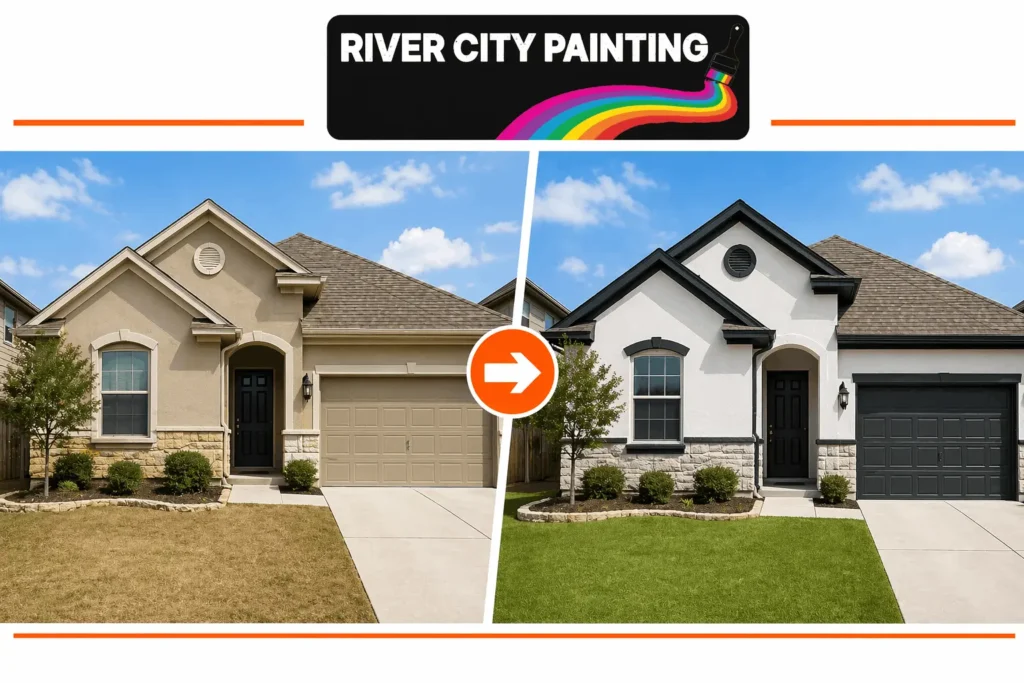 Does Painting Add Value to Your Home in San Antonio, TX? 14 Before and after comparison of a San Antonio home exterior showing fresh paint transformation with improved curb appeal and modern finish by River City Painting