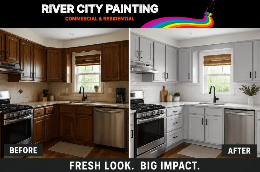 How to Prep Kitchen Cabinets for Painting in San Antonio 5 Before and after kitchen cabinet painting transformation with River City Painting logo, showing dark cabinets upgraded to modern white finish.