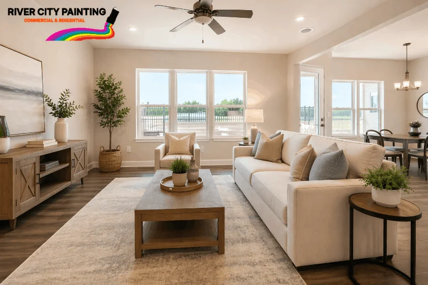 Top 5 Interior Painting Ideas for San Antonio Living Rooms (2026) 8 Bright modern living room with warm neutral paint colors and River City Painting logo in top left corner