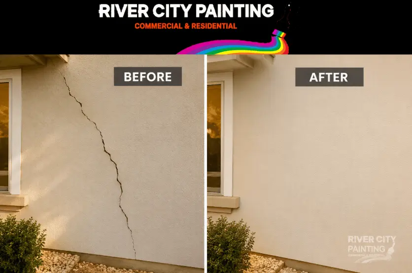 Before and after cracked wall repair and exterior painting service in San Antonio by River City Painting.