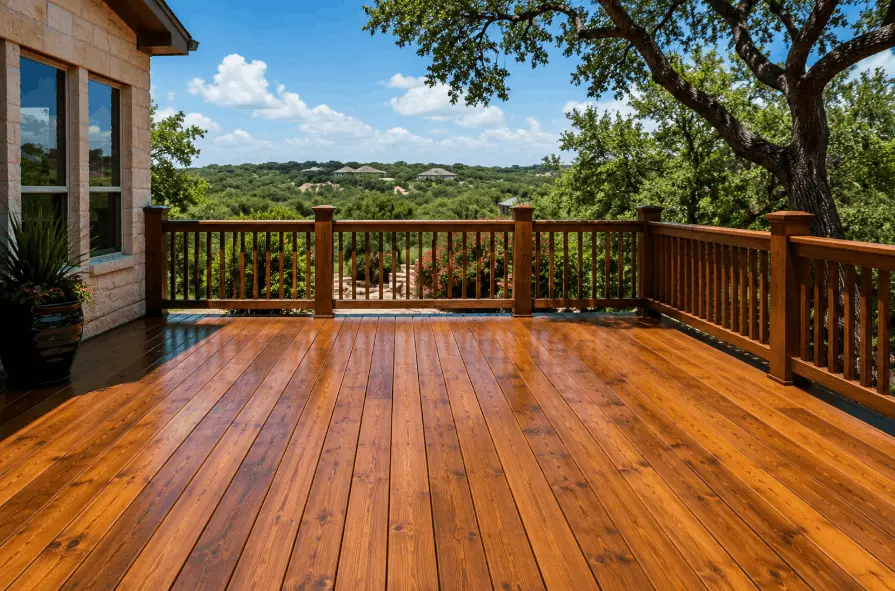 Freshly stained cedar deck in San Antonio TX backyard by River City Painting