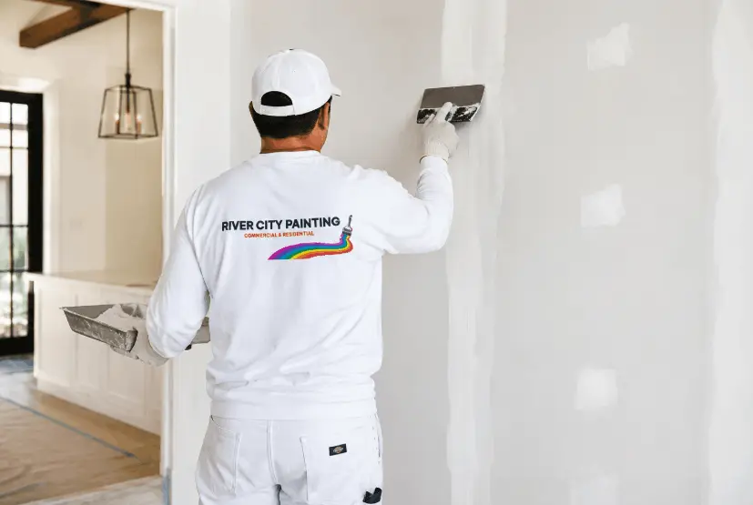 Professional drywall repair contractor applying joint compound on a smooth white wall inside a modern San Antonio residential interior.