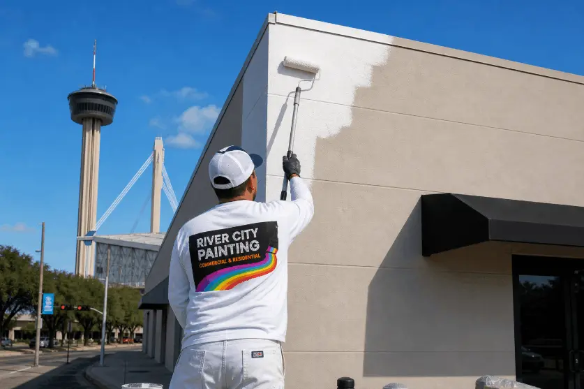 Professional painter painting commercial exterior in San Antonio wearing River City Painting uniform under clear blue sky.