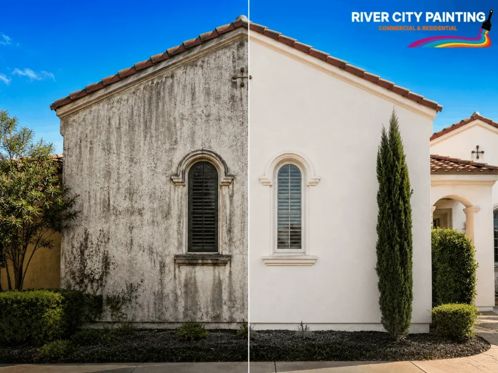 Before and after San Antonio stucco exterior power washing by River City Painting