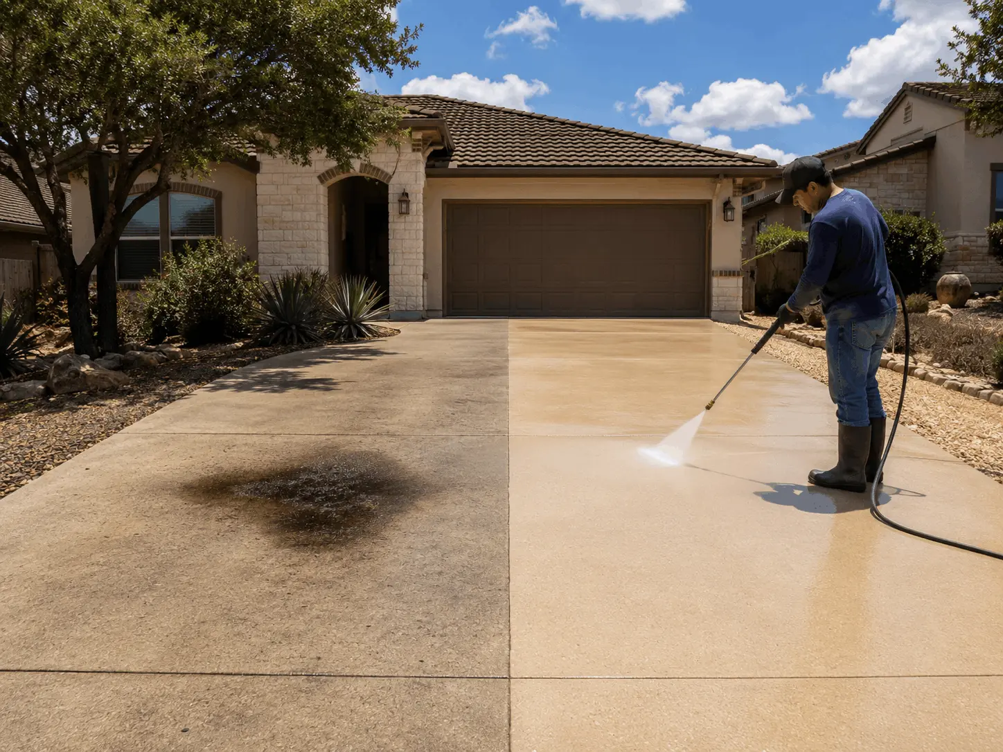 Driveway cleaning in suburban setting