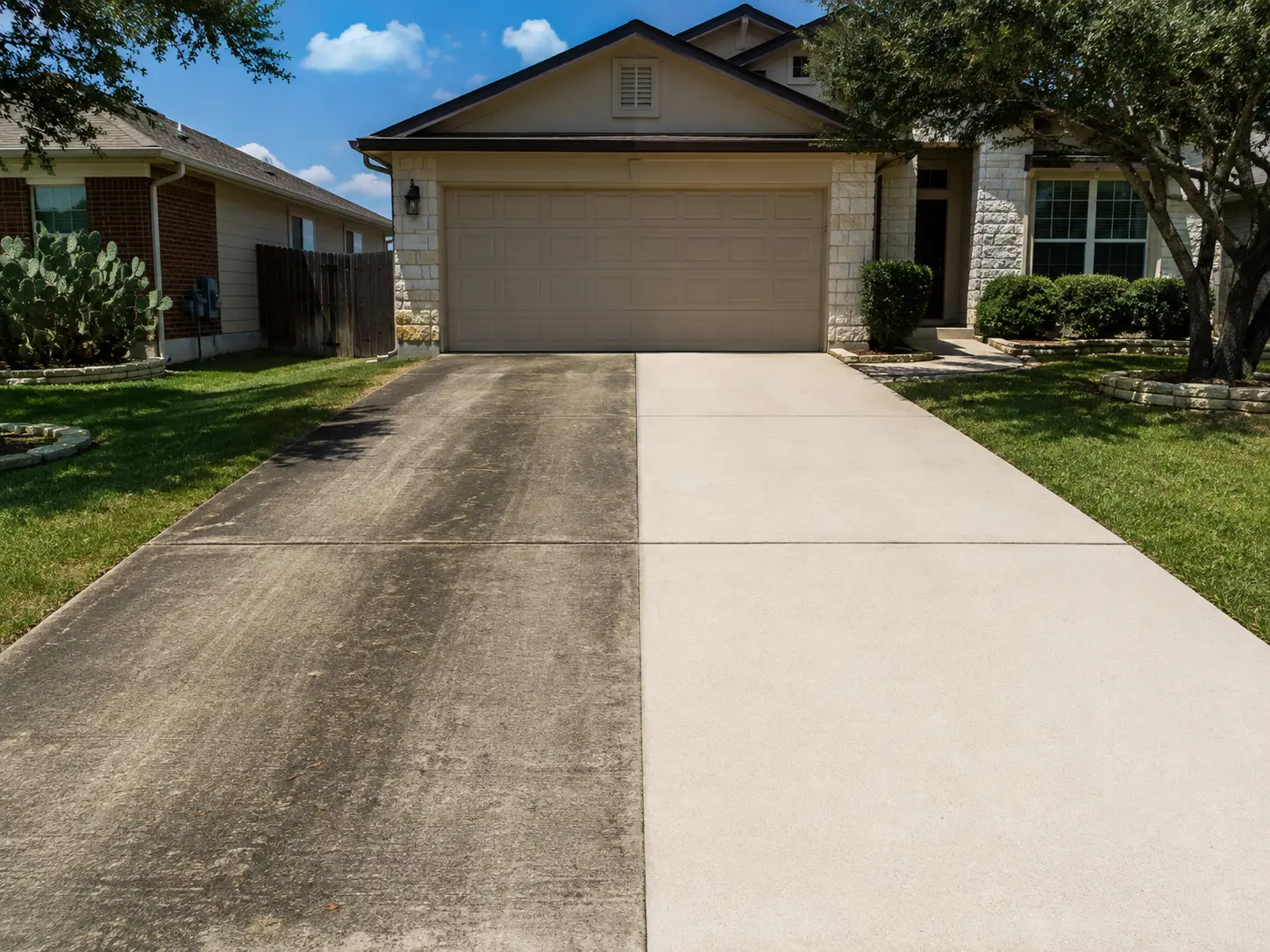 San Antonio concrete driveway, showing dark algae streaks on one half and clean concrete on the other